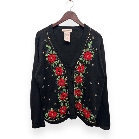 Vintage Victoria Jones Pointsettia Cardigan Sweater Size Large - Picture 1 of 5